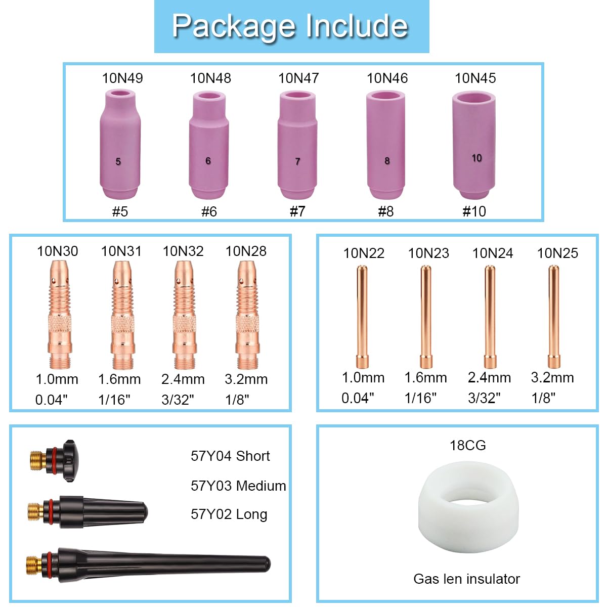 EATBALE For TIG Torch Consumables Accessories Kit for TIG Welding Torch QQ300 PTA DB SR WP 17 18 26, Collet Body, Collet - Image 2