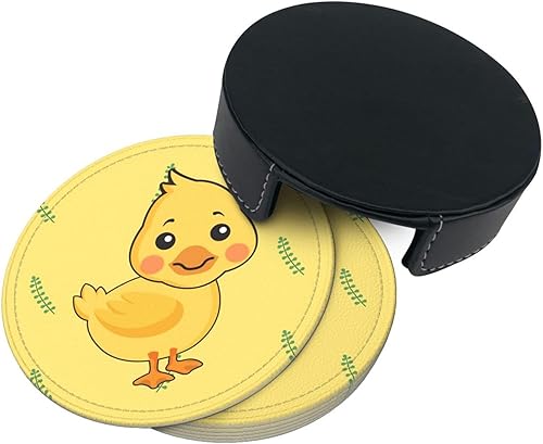 Vista 4 de Drink Coasters Set of 6, Cartoon Duck Printed PU Leather Round Coaster with Holder for Outdoor, Office, Bar, Funny Heat-Resistant Home Desk Decor
