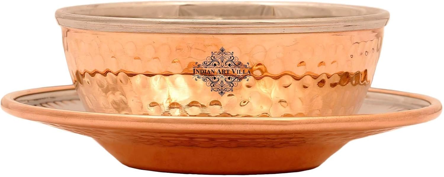 Indian Art Villa Copper Soup Bowl with Underliner 13.5 OZ