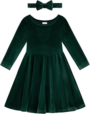 URMAGIC Toddler Girl Fall Winter Clothes Velvet Long Sleeve Swing Twirl Skater Dress with Hairband Baby Christmas Outfit 2-7Y