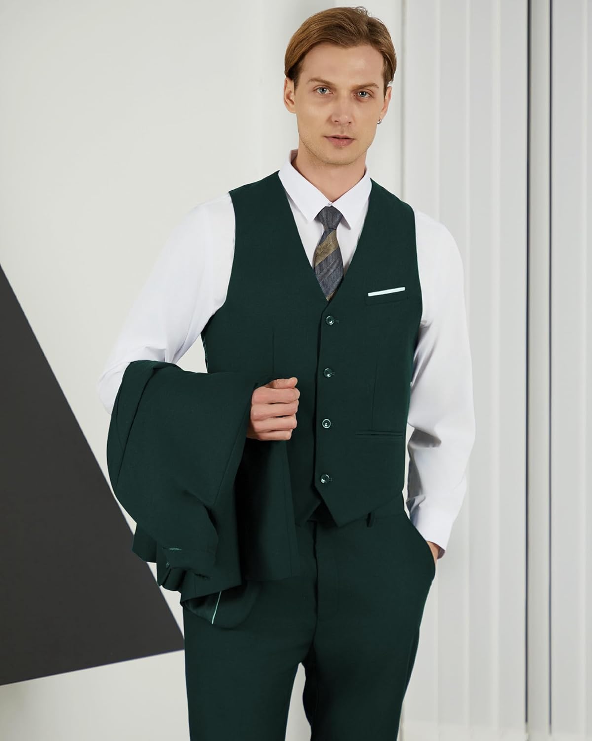 WULFUL Men's Slim Fit 3 Piece Suit, One Button Solid Blazer Business Party Jacket Vest Pants Set - Image 2