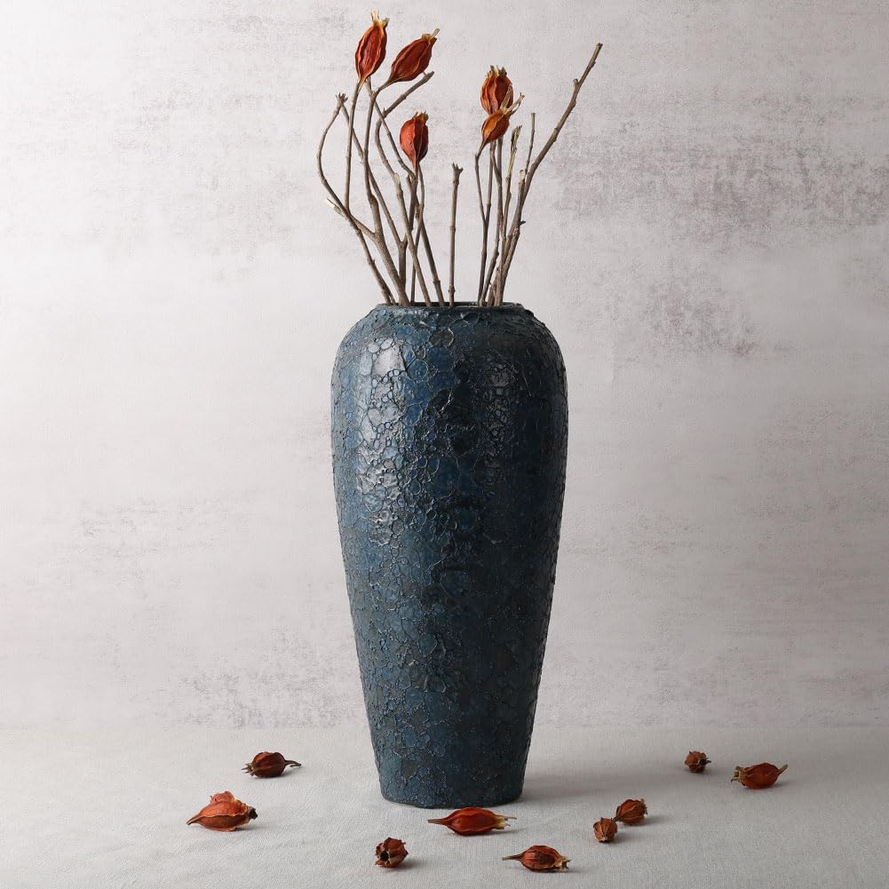 13" Tall Blue Ceramic Vase - Rustic Pottery Accent for Centerpieces, Decorative Flower Container for Living Room, Table, Kitchen, Office or Entryway, Modern Large Home Decor Piece - Image 7