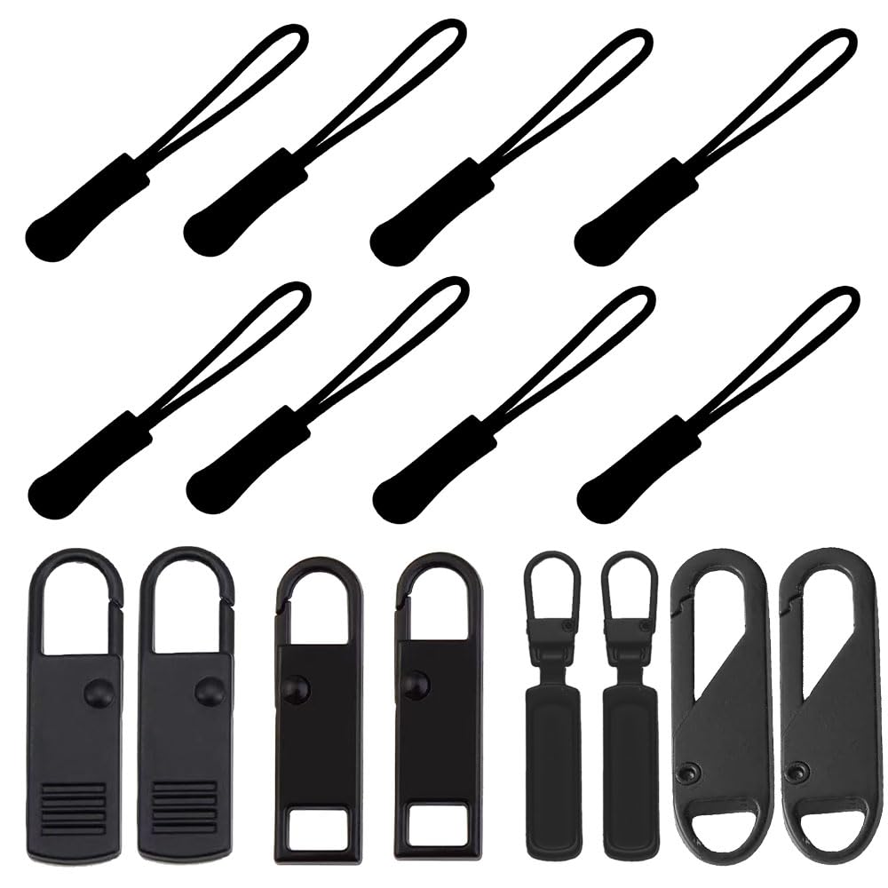 Aeuezxx Spare Zipper Pull, 16 Pices Zipper Puller Replacement, for Purse, Luggage, Clothes, Jeans, Suitcase, (8 PCS Zip Tags Cord Pulls and 8 PCS Metal Zip Pulls)