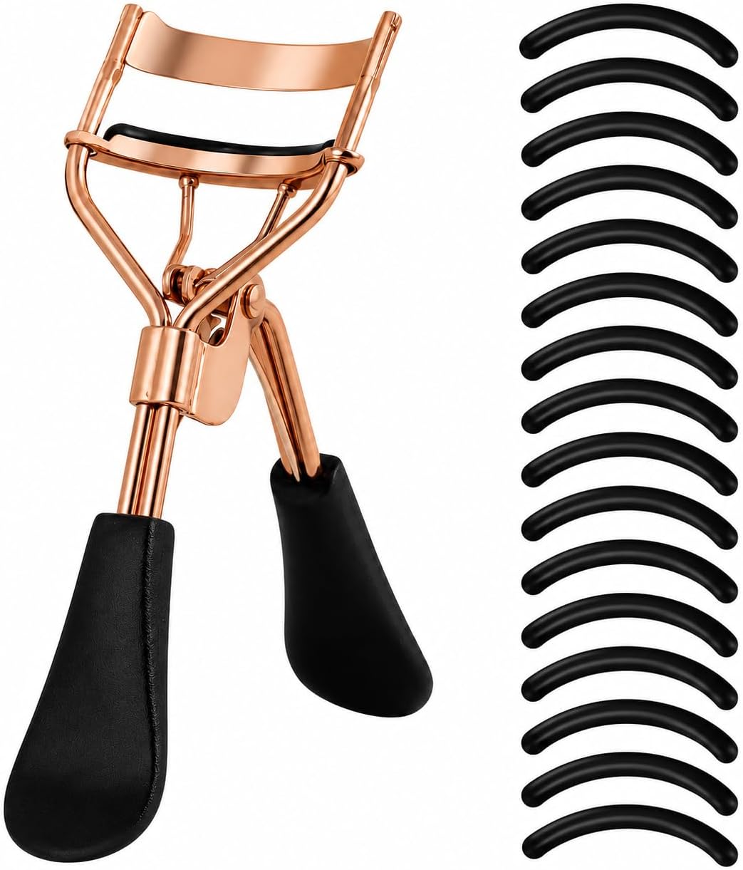 Portable Eyelash Curler with 15 Silicone Pads, Reusable Stainless Steel Lash Curling Tool for Extensions & DIY