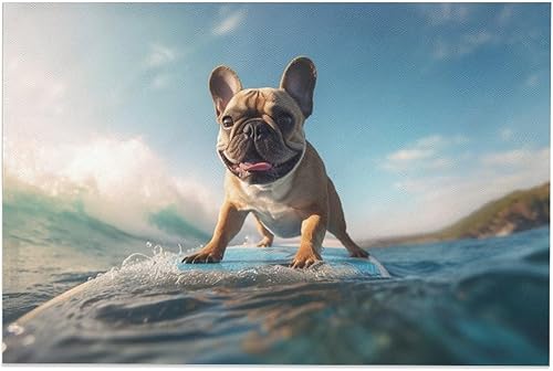 KAHXI Pósteres de lona con texto en inglés "A French Bulldog Surfing on the Beach Room Estética", pósteres de lona para decoración de dormitorio,