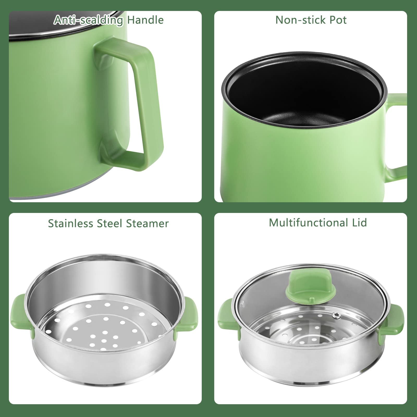 Mini casserole électrique 1,7 l, 600 W, mijoteuse et cuiseur à pâtes avec cuiseur vapeur, revêtement anti-adhésif, deux niveaux de puissance 300 W/600 W pour ramen et fondue