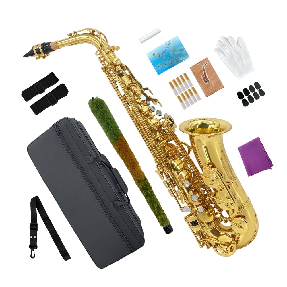 Saxofón alto E-plano, laca dorada con cuerpo de latón, incluye funda, boquilla, cañas, correa para el cuello y más, ideal para principiantes y principiantes (dorado)