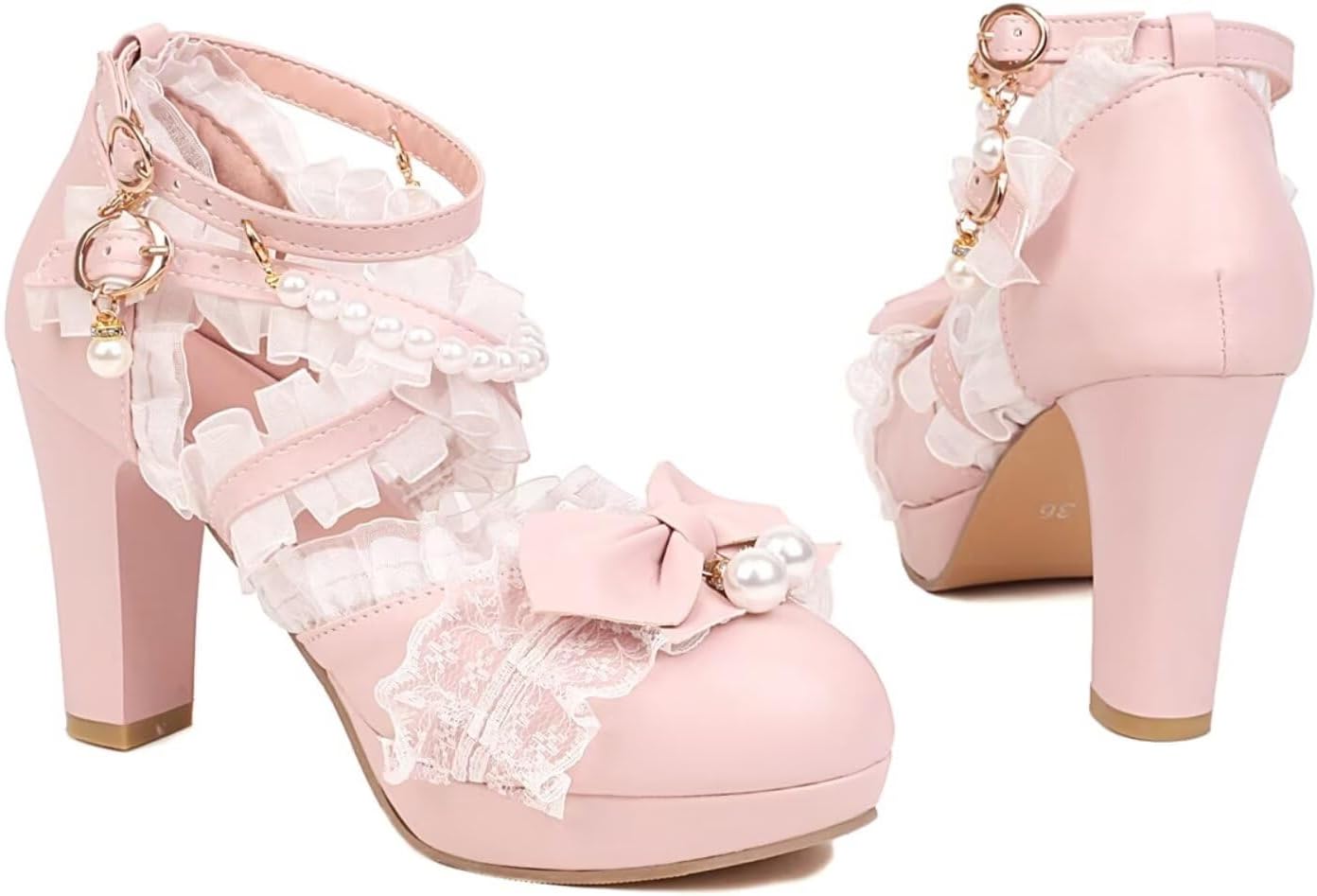Kawii Shoes Bow Pearl Heels Lolita Platform Heels for Women Lace Cute Mary Janes Pumps - Image 4