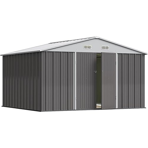 Greesum 10×8FT Outdoor Storage Shed, Metal Patio Storaged Sheds with Lockable Doors, Sheds & Outdoor Storage for Bike, Backyard, Pool and Garden, Gray