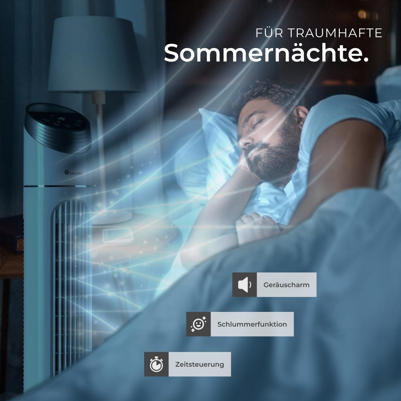 tectake® Turmventilator mit Touch-Bedienfeld mit LED-Beleuchtung & Temperaturanzeige, 3 Geschwindigkeitsstufen, 3 Windmodi, 70° Drehung, einstellbarer Timer, Fernbedienung & Transportgriff - 90cm