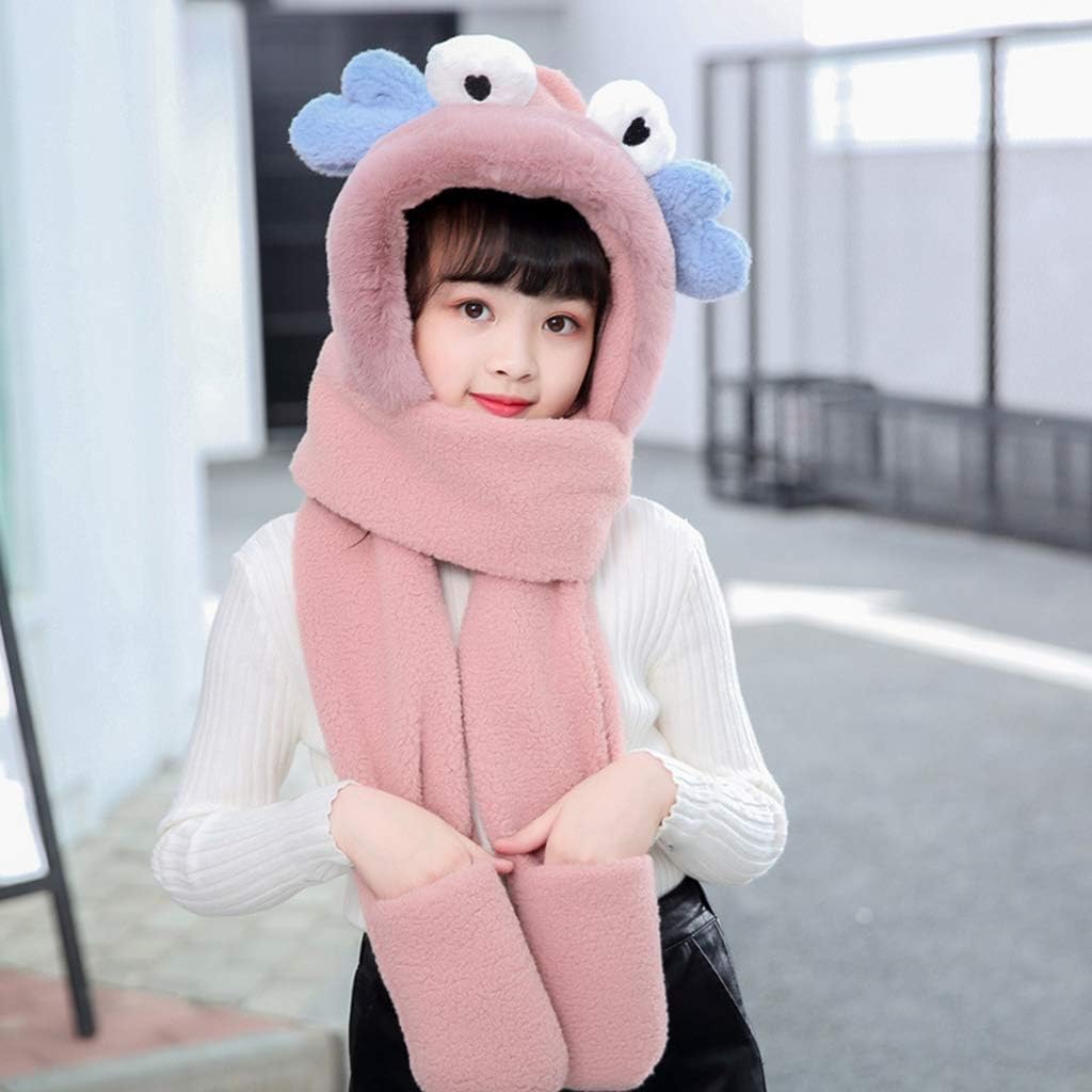 Scarf,Kids Winter Warm 3 In 1 Faux Fleece Hooded Scarf Hat Gloves Set Cute 3D Crab Thermal Cap Neck Warmer Scarf