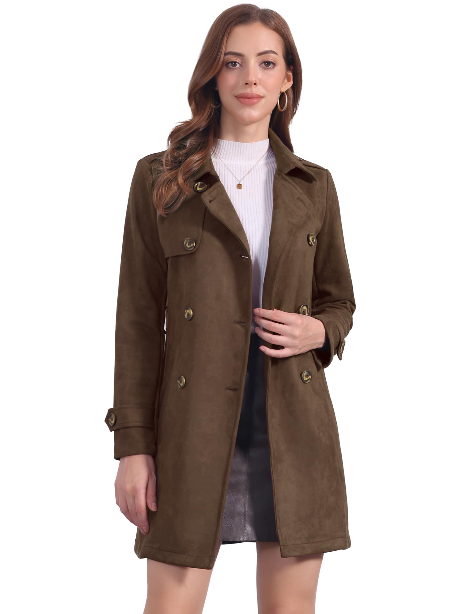 Allegra K Womens Faux Suede Trench Coat Notched Lapel Double Breasted Jacket with Belt
