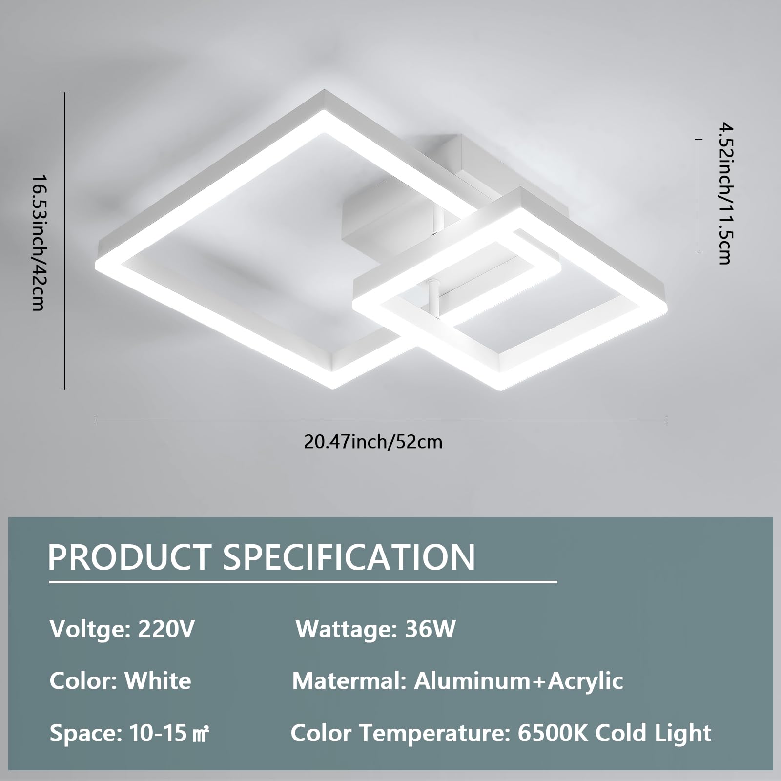 Osairous Plafonnier LED, 36W 4050LM Luminaire Plafonnier Moderne Acrylique Carré, Lumière Blanche 6500K Lampe de Plafond Aluminium pour Chambre, Cuisine, Salle à Manger, Blanc, 52CM