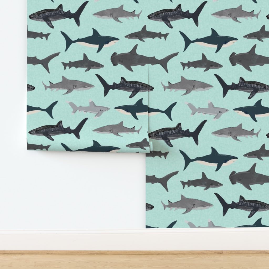 Peel & Stick Wallpaper 3ft x 2ft - Shark Mint Boys Kids Ocean Animal Sea Creature Hammerhead Great White Whales Sharks Beach Custom Removable Wallpaper by Spoonflower