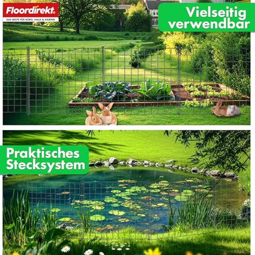 Floordirekt Teichzaun Gartenzaun Steckzaun Komplettset Metall 5X Gerade, Zaun zum stecken für Garten, Gitterzaun Set Freigehege für Tiere Pablo Anthrazit