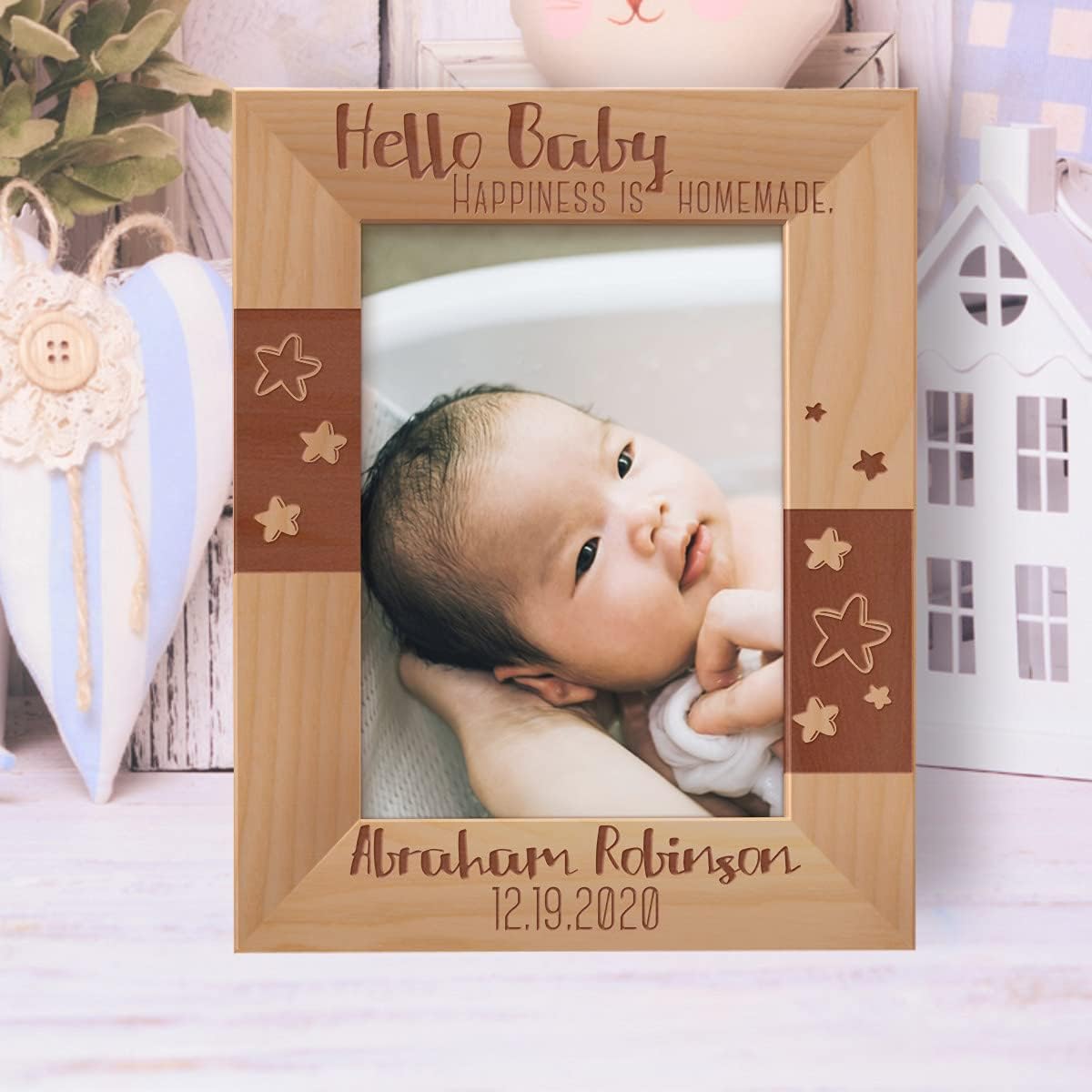Hello Baby Happiness is Homemade Personalized Wooden Frame-10" x 8" Brown Horizontal
