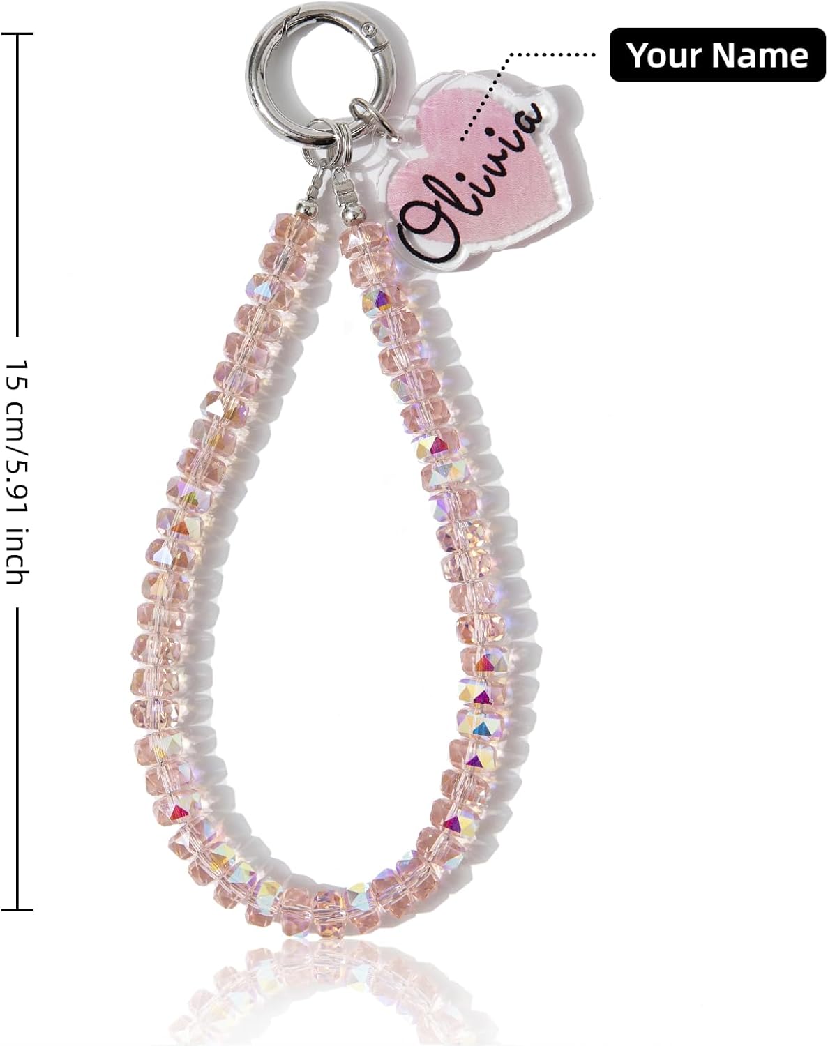 Personalized Custom Phone Charm Wrist Strap Pink Crystal Beaded Heart Name Tag Couple Gift for Her