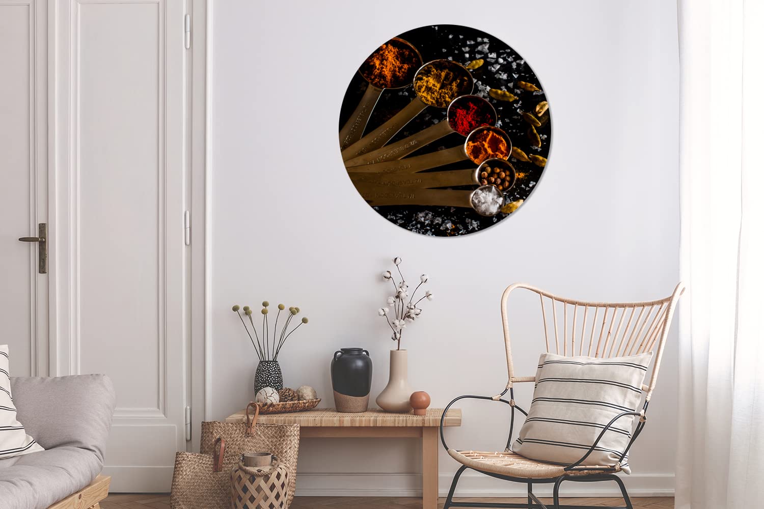 MuchoWow Wandbild Rund Wanddeko Deko Wohnzimmer Bilder 90x90 cm Gewürze - Löffel - Salz - Gewürze - Schwarz