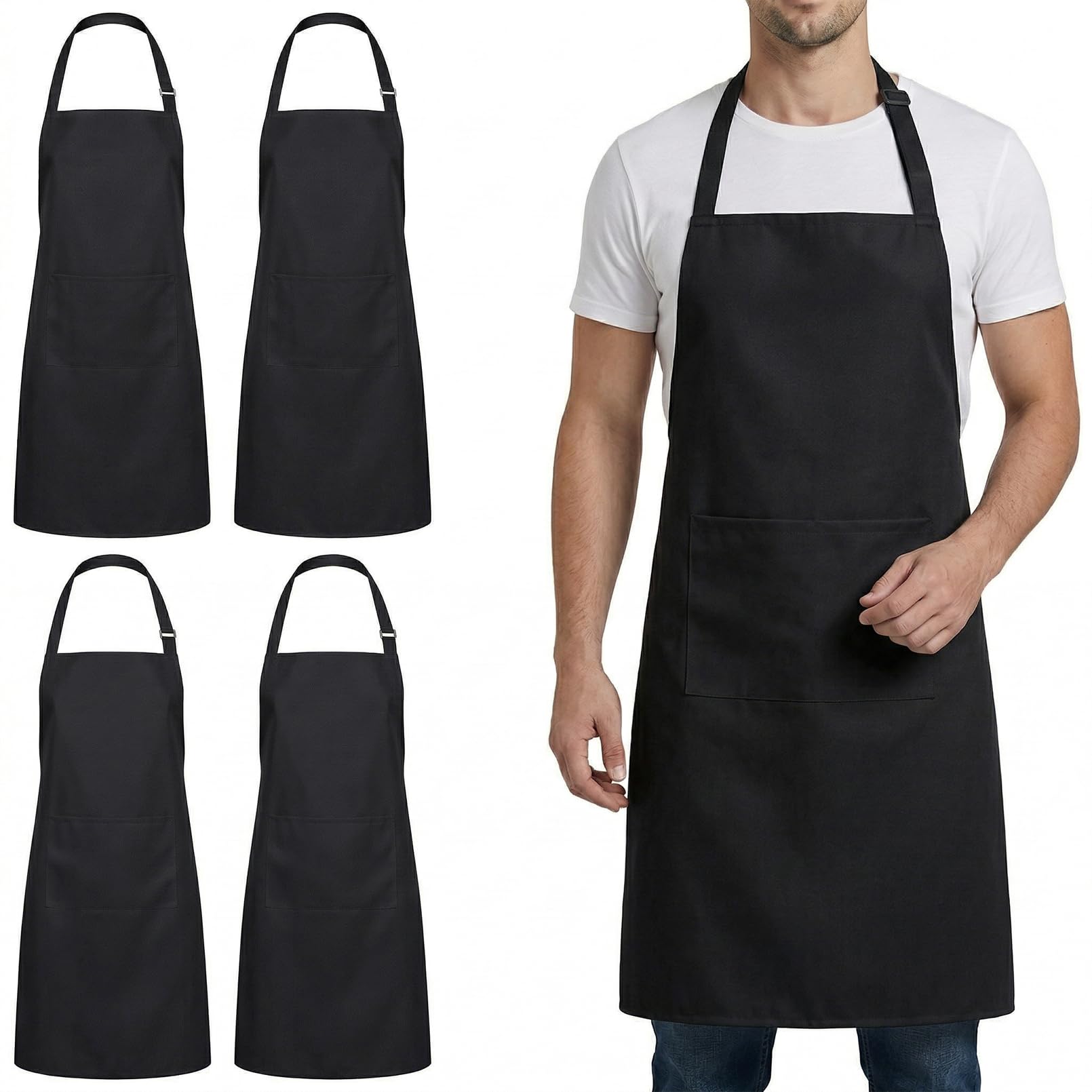 Preocea 4 Pack Chef Aprons, Waterproof Polyester Kitchen Aprons, Black