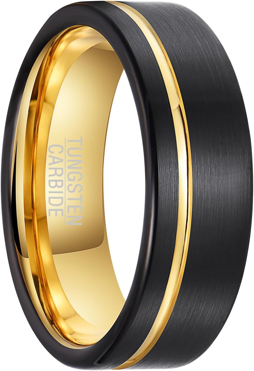 | Offset Groove Band - 8mm Wide Black Brushed Tungsten Wedding Ring