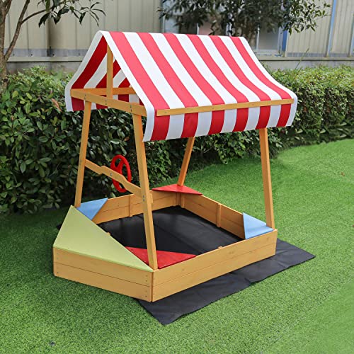 Critter Sitters Childrens Sand Box for Kids, Wood Boat Sand Pit with Red and White Striped Canopy, Wheel, and Bottom Liner, Weather Resistant Modern Wooden Sandbox for Backyard and Outdoor Play Area