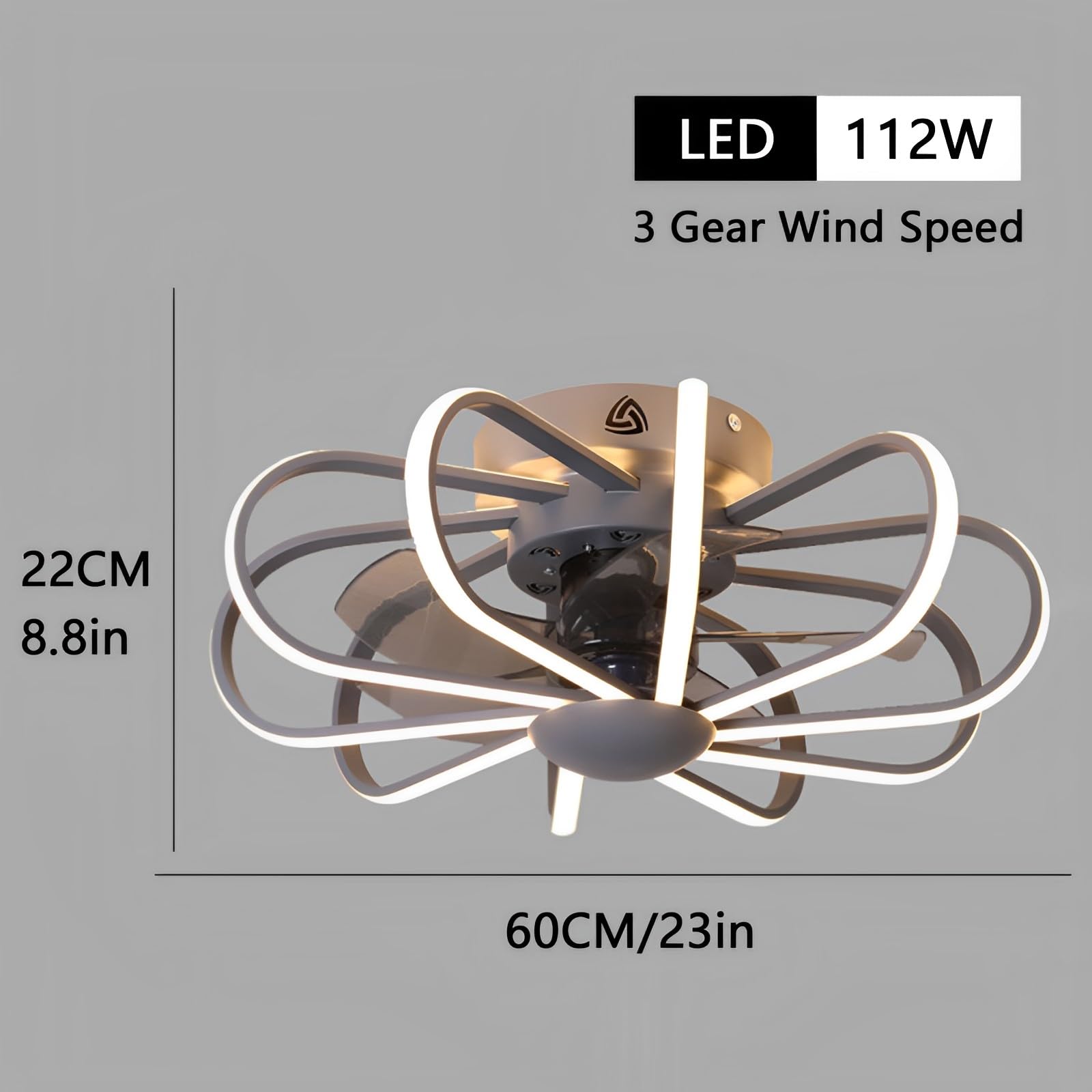 Wentylator sufitowy 58 cm z oświetleniem wewnętrznym, pilotem zdalnego sterowania, 3 prędkości, 112 W, oświetlenie LED, cichy i kreatywny, idealny do sypialni, jadalni i salonu.