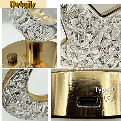 Womhope Bedside Table Lamp Cordless Rechargeable Battery Operated Stepless Dimming 3 Color Modes With Touch Control Nursery Night Light Desktop Lamp Acrylic Crystal (Star Gold) #TOP4