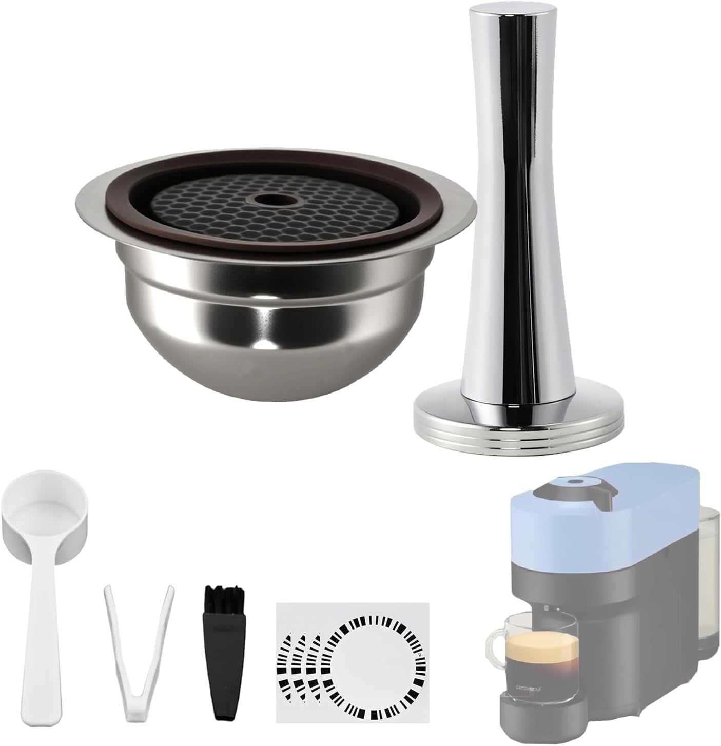 Stainless Steel Reusable Coffee Pods for Nespr*sso V-rtuo - Refillable Capsules Compatible with V-rtuoline PLUS GCA1 and NEXT POP ENV135 Series With 1 Silicone Lid and Tamper (230ML+Tamper)