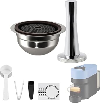 Stainless Steel Reusable Coffee Pods for Nespr*sso V-rtuo - Refillable Capsules Compatible with V-rtuoline PLUS GCA1 and NEXT POP ENV135 Series With 1 Silicone Lid and Tamper 230ML+Tamper