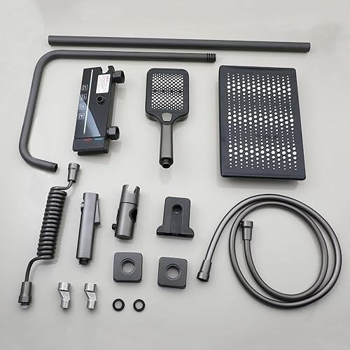 Miniatura 3 de Pistola LED gris termostática expuesta sistema de ducha de 3 funciones montado en la pared con cabezal de ducha de lluvia, juego de grifo de ducha