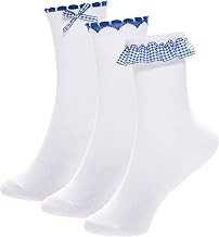 A2Z 4 Kids Girls 3 Pack Gingham Lace Trim Socks Cotton Rich School Ankle Socks with Frill & Bow Detail Soft Breathable Everyday Wear Perfect for Uniform or Casual Outfits Blue & Red