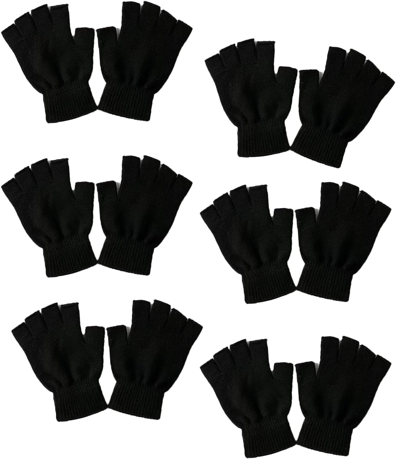 6 Pairs Kids Winter Knit Fingerless Gloves Warm for Boys Girls | Soft & Stretchy, Half Finger Style, Typing & Writing Friendly, Fits Toddlers Children, School, Daily & Gift Use, Black Color