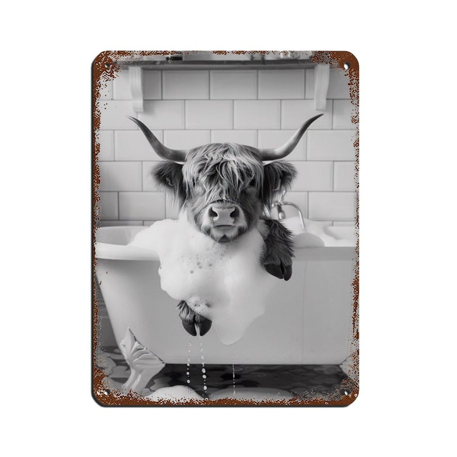 Highland Cow in The Bathtub, Funny Animal Poster (3) Retro Poster Metal Tin Sign Chic Art Retro Iron Painting Bar People Cave Cafe Family Garage Poster Wall Decoration 12x16inch(30x40cm)