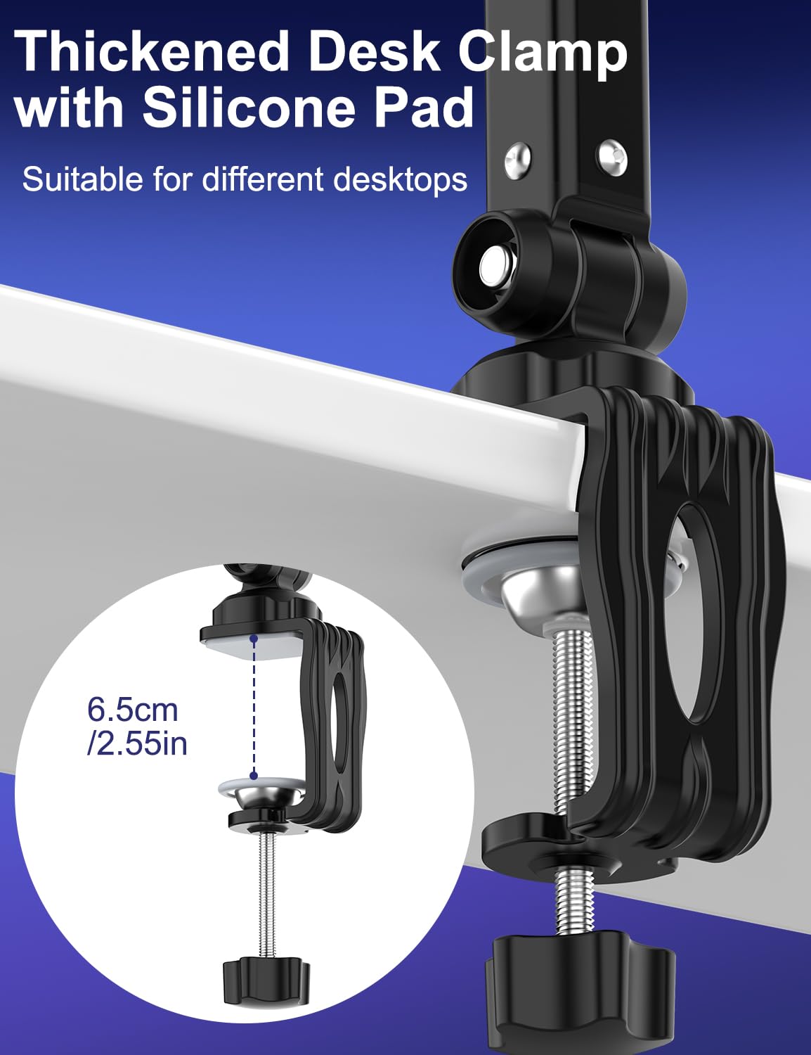 Brazo de micrófono Boom, soporte plano ajustable para micrófono con clip de micrófono, giratorio 360°, adaptador de tornillo, gestión de cables, para podcast, streaming, juegos, estudio.