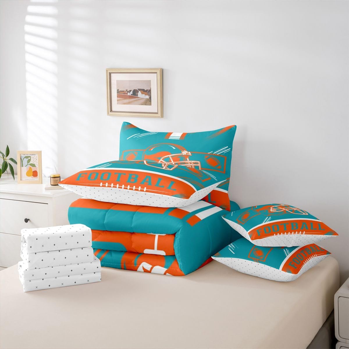 Erosebridal Rugby Helmet Bedding Set Queen Comforter Sets with Sheets Sports Room Decor for Boys Gridiron Bed in A Bag, Teal Orange Seasonal Color Bed Set, Sports Fans Gifts