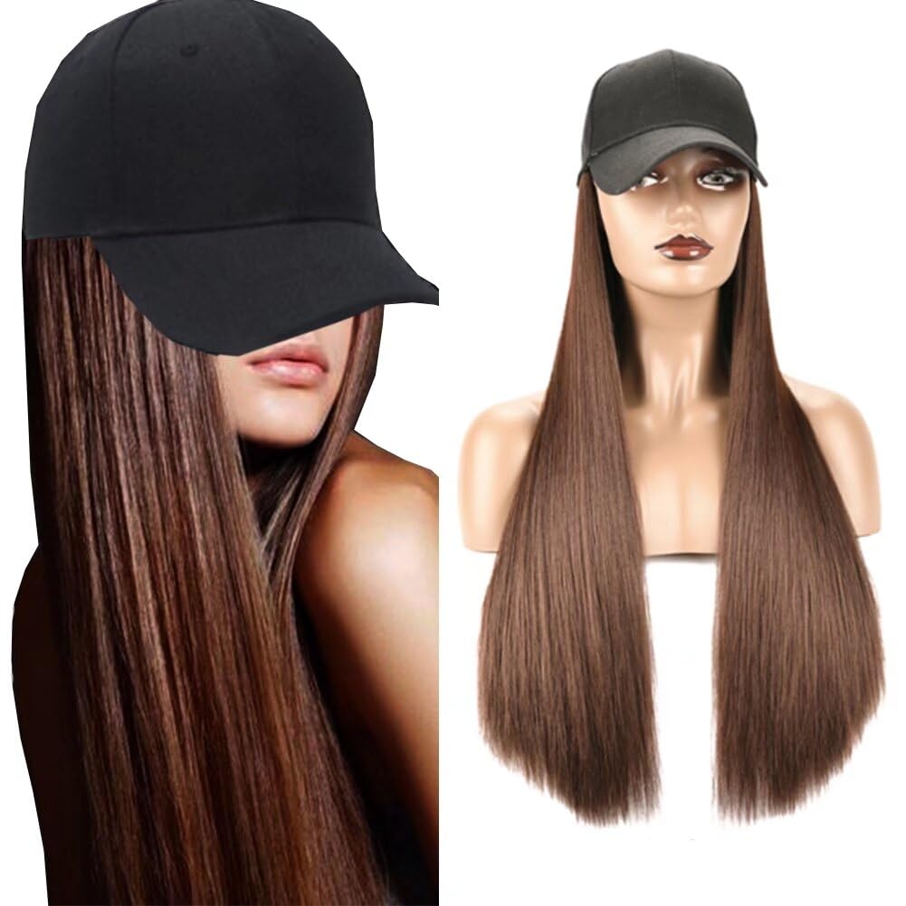 iLUU Hat Hair Extension Baseball Cap With Dark Brown Hairpieces Straight Long Hair With Baseball Hat Attached Adjustable Cap Synthetic Hair Extensions