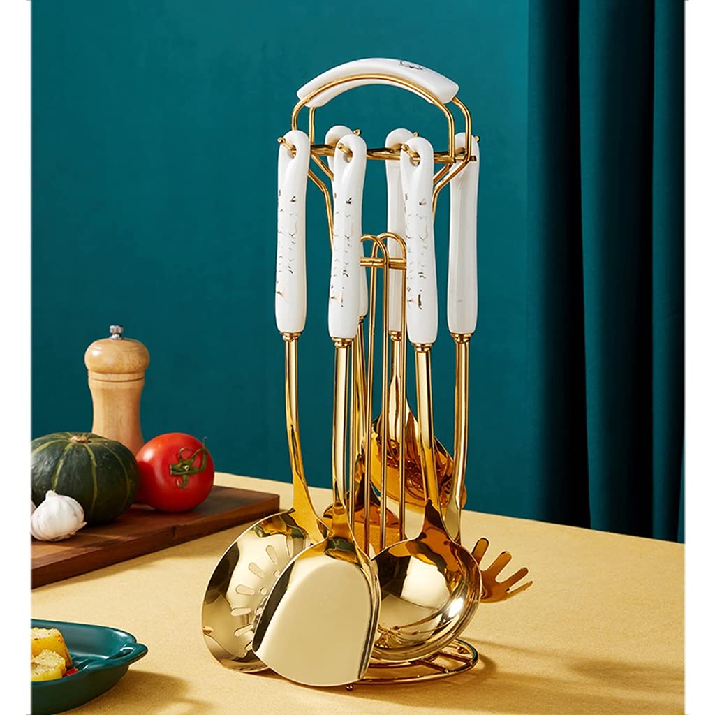 Küchenutensilien-Set mit Halter， Kochutensilien-Set aus Edelstahl， Keramikgriff， Kochwerkzeug im Landhausstil， Küchenhelfer， Werkzeuge， Kochgeschirr-Set，A