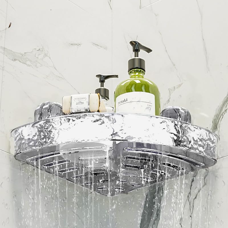 FLICKIRIT Corner Shower Caddy Suction Cup Clear Acrylic Shower Basket with Suction Cup Hook Removable Shower Corner Shelf