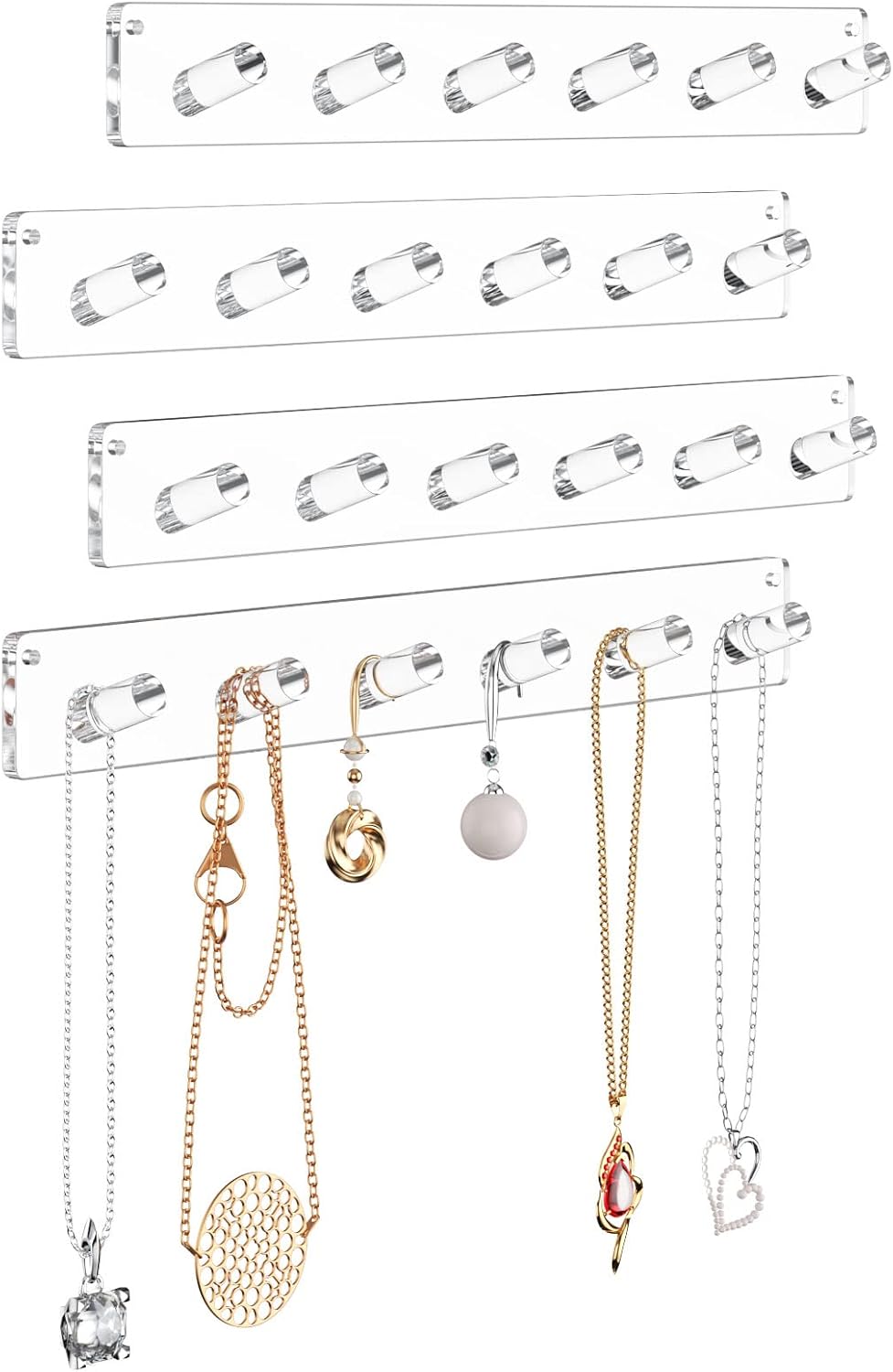 NIUBEE Wall Mounted Necklace Hanger, 4 Pack Acrylic Jewelry Stand Organizer, Bracelets Rings Bangles Display Rack,Best Gift for Girl Women