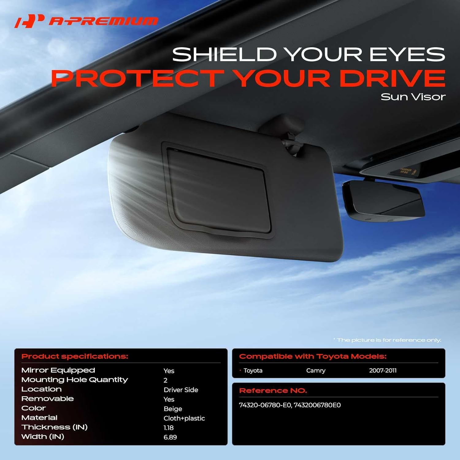 A-Premium Driver Left Side Sun Visor Compatible with Toyota Camry 2007 2008 2009 2010 2011 - with Vanity Mirror, Without Vanity Light, Beige Color - Replaces 74320-06780-E0, 7432006780E0