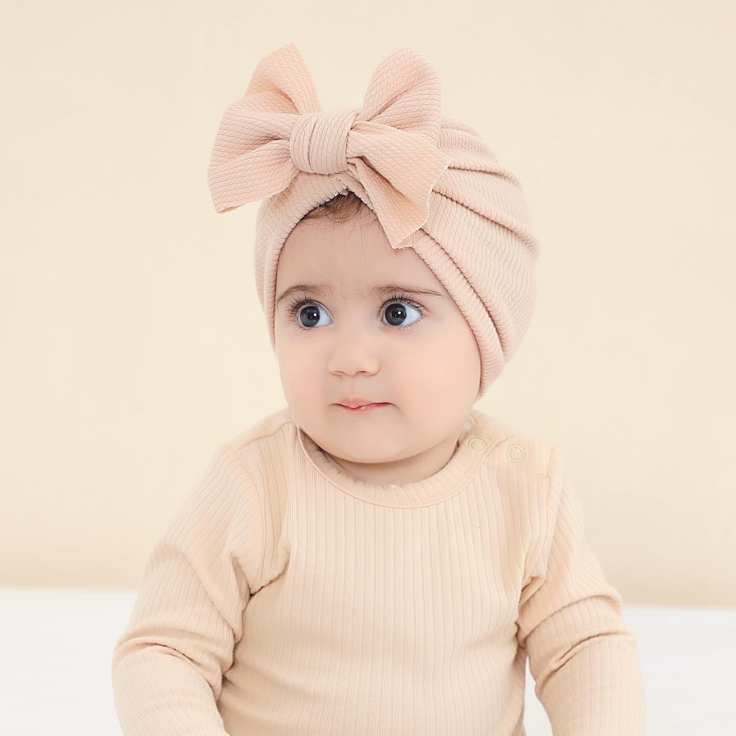 Cinaci 4 Pieces Baby Girls Turban Hats with Bow Newborn Hospital Caps Bonnets Beanies Headwraps for Infants Toddlers - Image 5