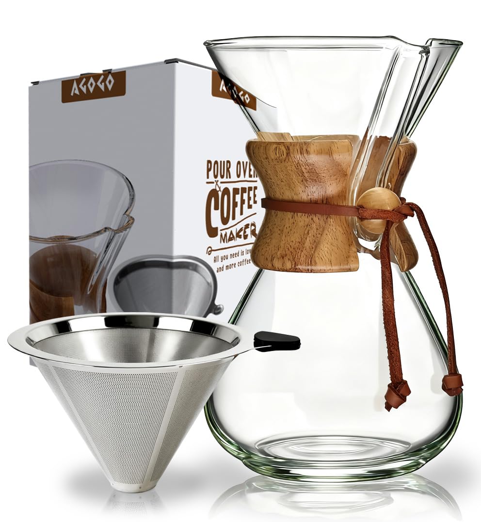 AGOGO Pour Over Coffee Maker Glass - 6/8/10 Cup Barista Kit with 304 Stainless Filter for Home, Office, Camping, Cafes - Easy Clean Coffee Dripper Set (Rag&Brush Included) (8 Cup/28 oz)