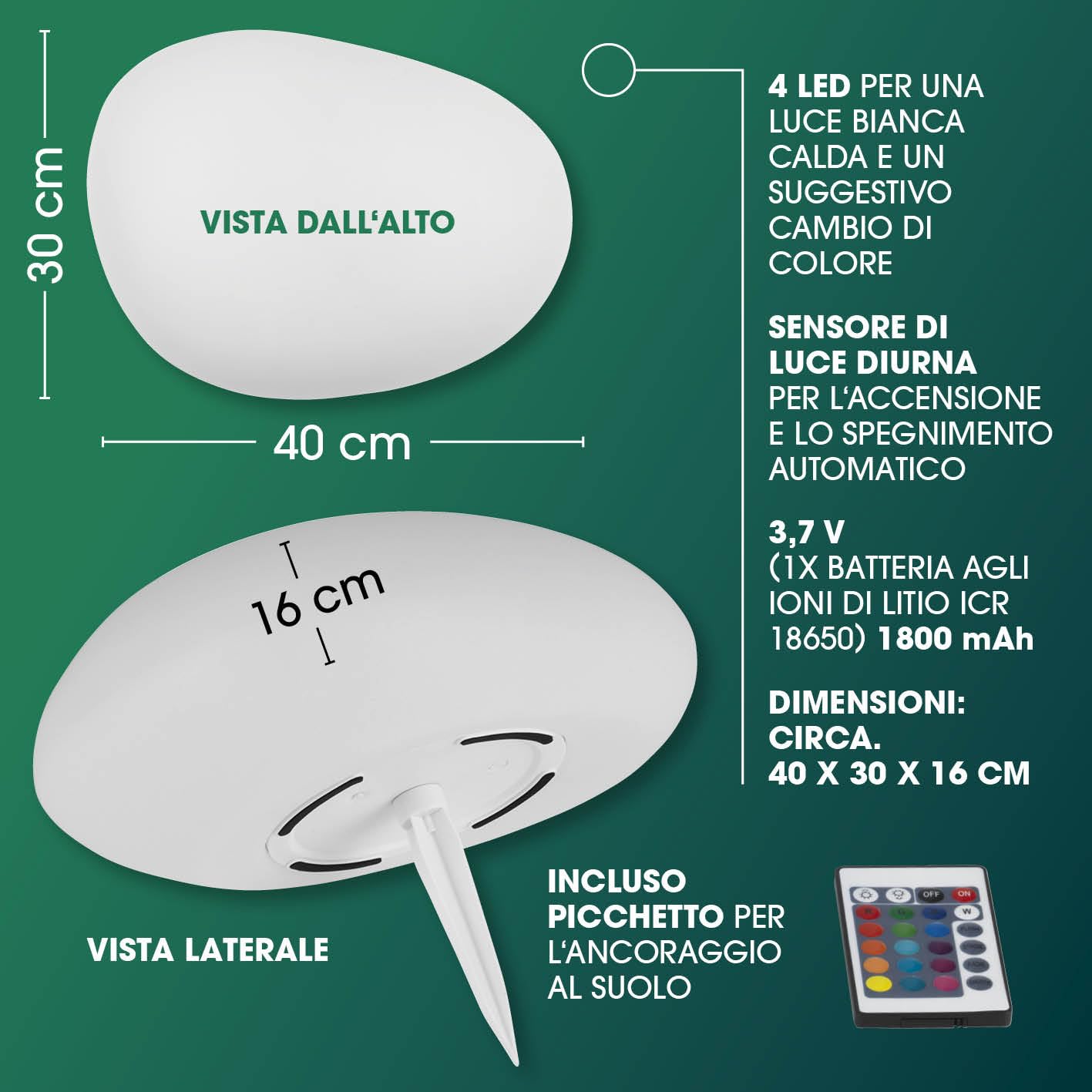 EASYmaxx Solar pietra deco 40x30x16 cm IP67 | Luce da giardino con illuminazione a LED con cambio di colore | Lampada da giardino moderna per esterni, telecomando | Cambio colore, resistente alle intemperie, telecomando incluso, classe energetica A