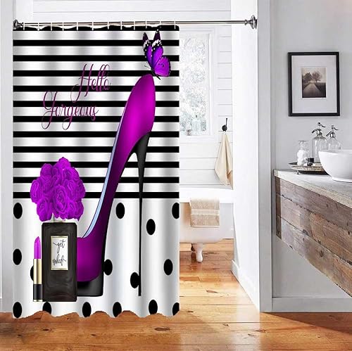 Miniatura 5 de Cortina de ducha de tacones altos morados, Hello Gorgeous Perfume a rayas blancas y negras, lápiz labial de mariposa rosa, maquillaje moderno de