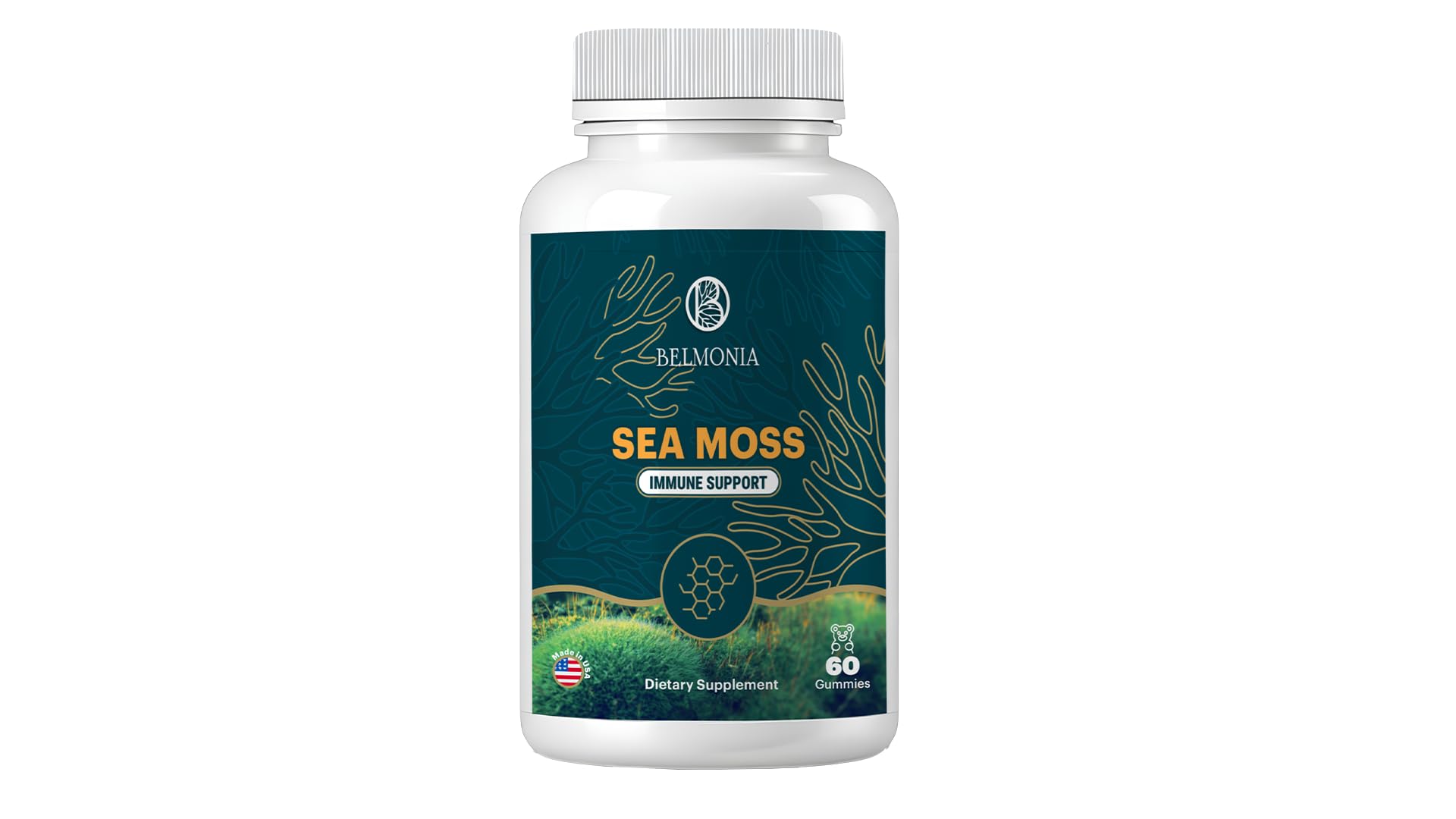 Belmonia Sea Moss Gummies — Immune Strength & Skin Health, Organic Irish Moss Gummy Bears, 60 Count, Vegan, Superfood Chewable Supplement for