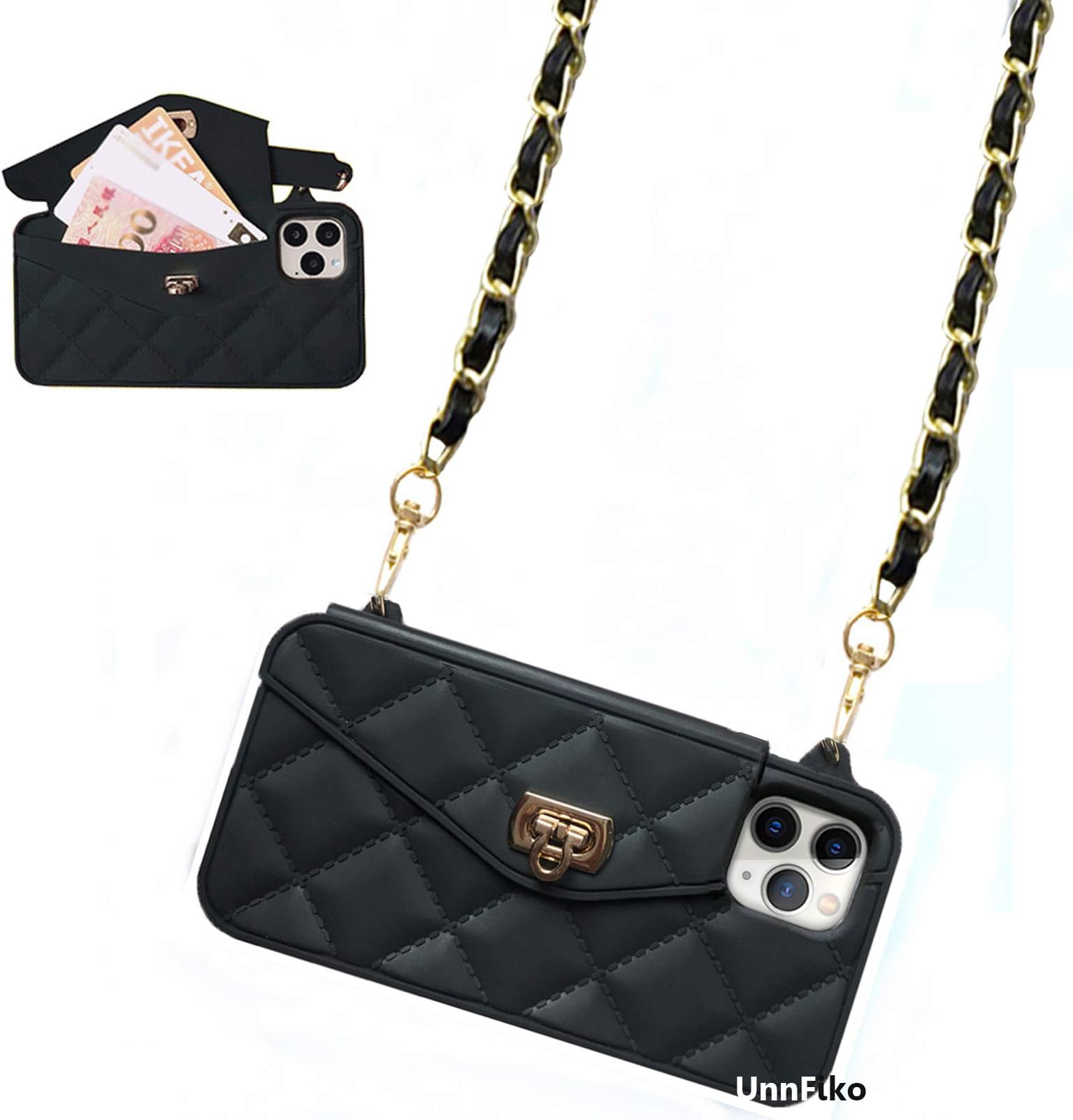 Wallet Case Compatible with iPhone 12 Pro Max, Cute Light Luxury Bag Design, Purse Flip Card Pouch Cover Soft Silicone Case with Handstrap Long Shoulder Strap (Black, iPhone 12 Pro Max)