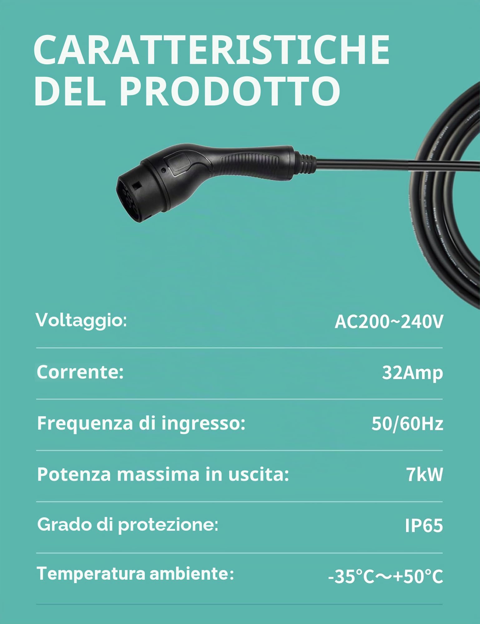 Caricatore EV 7kW, 200-250V monofase, tipo 2, 6-32A, cavo da 10 m, Controllo tramite APP via Wi-Fi, IP65, adatto per tutti i veicoli elettrici