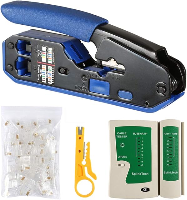 Solsop Network Cable Tester RJ45 Crimp Tool Kit CAT5 CAT5e CAT6 Crimping Tool Kit, 50 RJ45 CAT6 Connector Plug Modular Crimp Crimper for RJ11/RJ12 6P 8P Modular Standard and RJ45 Connectors