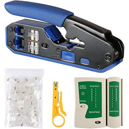 Solsop Network Cable Tester RJ45 Crimp Tool Kit CAT5 CAT5e CAT6 Crimping Tool Kit, 50PCS RJ45 CAT6 Connector Plug Modular Crimp Crimper for RJ11/RJ12 6P 8P Modular Standard and RJ45 Connectors
