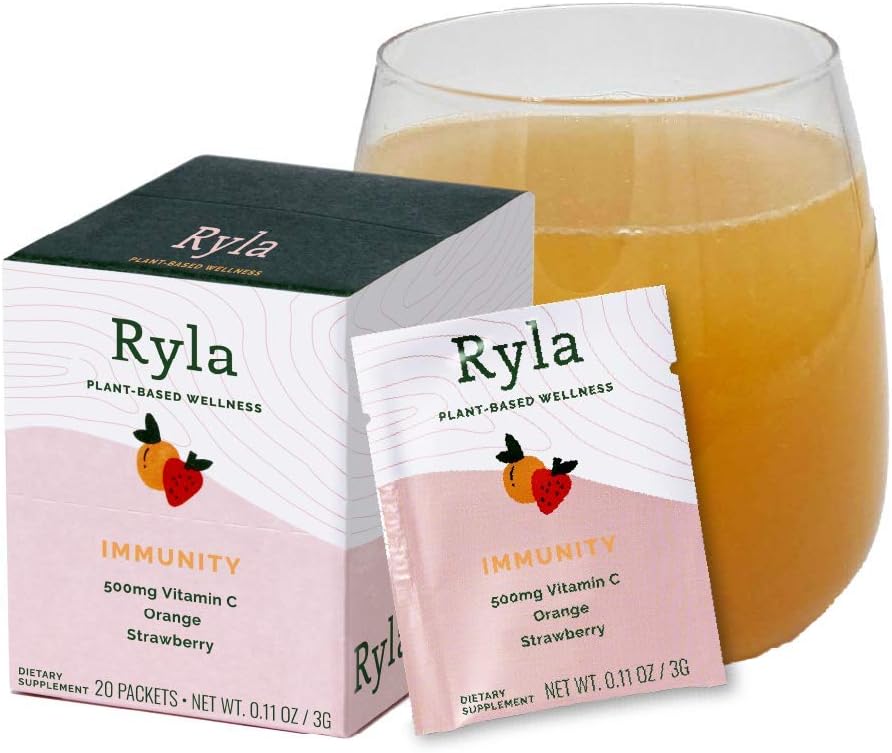 Ryla - Orange and Strawberry, Immune Support Dried Juice Shot - 500mg Vitamin C Drink Mix, Plant Based Powder - 20 Packets
